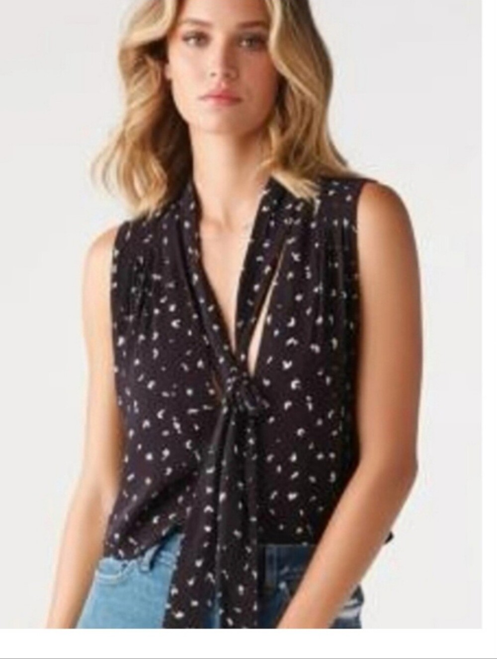 {Free People} Black Sleeveless Tie-Neck Top with Ditsy Print